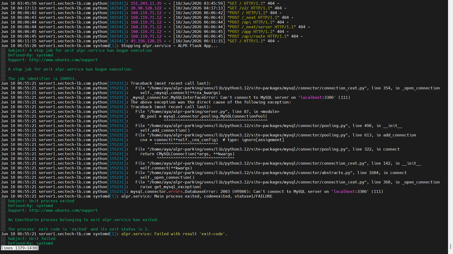Journalctl logs showing MySQL failure