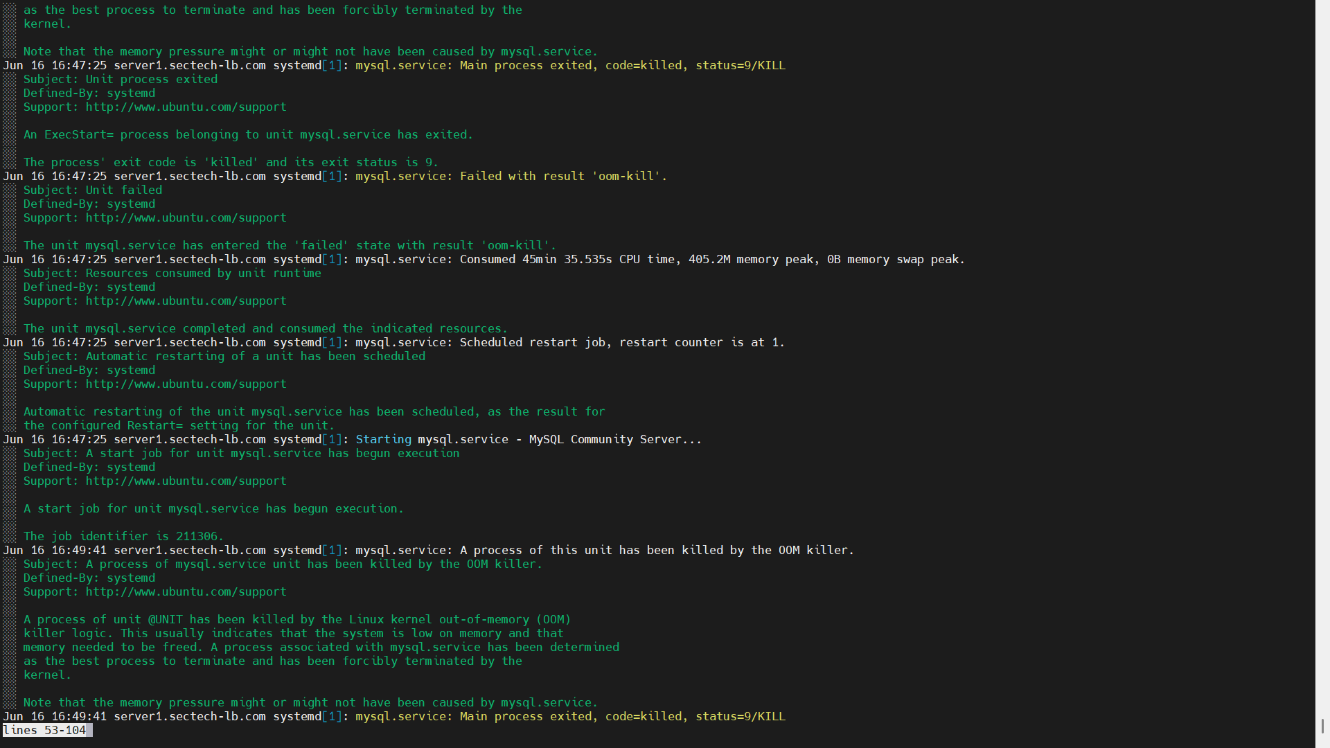 MySQL systemctl status showing OOM killer